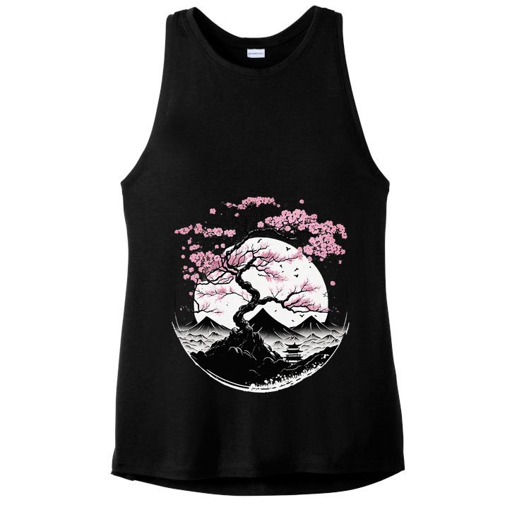 Japanese Sakura Garden Geisha Mount Fuji Cherry Blossom Ladies PosiCharge Tri-Blend Wicking Tank