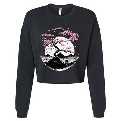 Japanese Sakura Garden Geisha Mount Fuji Cherry Blossom Cropped Pullover Crew