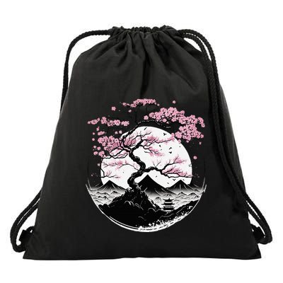 Japanese Sakura Garden Geisha Mount Fuji Cherry Blossom Drawstring Bag