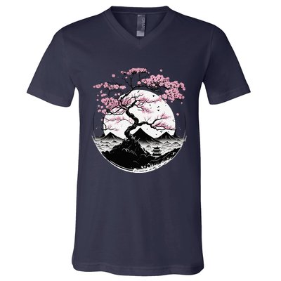 Japanese Sakura Garden Geisha Mount Fuji Cherry Blossom V-Neck T-Shirt