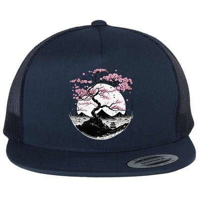 Japanese Sakura Garden Geisha Mount Fuji Cherry Blossom Flat Bill Trucker Hat