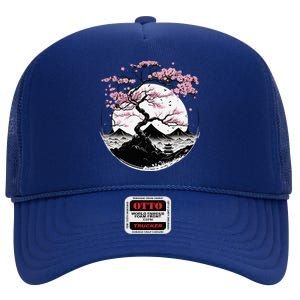 Japanese Sakura Garden Geisha Mount Fuji Cherry Blossom High Crown Mesh Back Trucker Hat