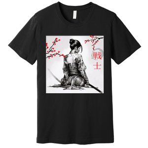 Japanese Samurai Girl Cherry Blossom Woodblock Premium T-Shirt