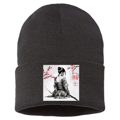 Japanese Samurai Girl Cherry Blossom Woodblock Sustainable Knit Beanie