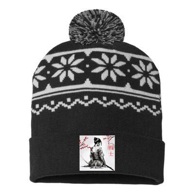 Japanese Samurai Girl Cherry Blossom Woodblock USA-Made Snowflake Beanie