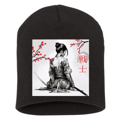 Japanese Samurai Girl Cherry Blossom Woodblock Short Acrylic Beanie