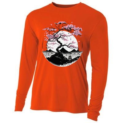 Japanese Sakura Garden Geisha Mount Fuji Cherry Blossom Cooling Performance Long Sleeve Crew