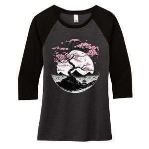 Japanese Sakura Garden Geisha Mount Fuji Cherry Blossom Women's Tri-Blend 3/4-Sleeve Raglan Shirt