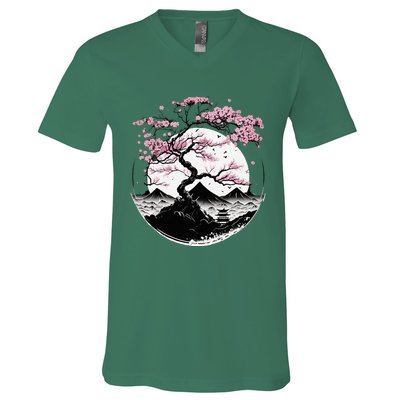 Japanese Sakura Garden Geisha Mount Fuji Cherry Blossom V-Neck T-Shirt