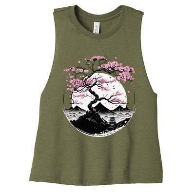 Japanese Sakura Garden Geisha Mount Fuji Cherry Blossom Women's Racerback Cropped Tank