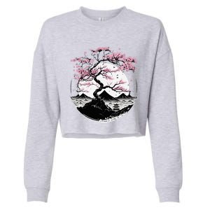 Japanese Sakura Garden Geisha Mount Fuji Cherry Blossom Cropped Pullover Crew