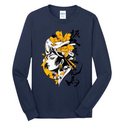 Japanese Samurai Geisha Mask Colorful Modern Urban Style Tall Long Sleeve T-Shirt