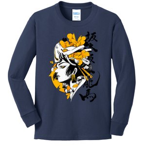 Japanese Samurai Geisha Mask Colorful Modern Urban Style Kids Long Sleeve Shirt