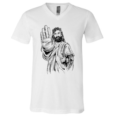 Jesus Stop Hand Sign V-Neck T-Shirt