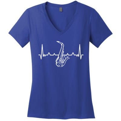 Jazz Saxophone Heartbeat For Jazz Music Lover Sax Musician Gift Women's V-Neck T-Shirt