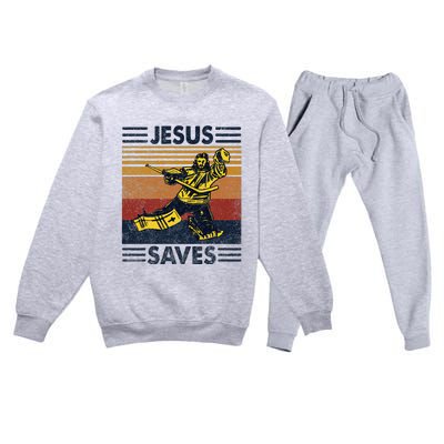 Jesus Saves Ice Hockey Goalie Sport Religious Christian Gift Premium Crewneck Sweatsuit Set