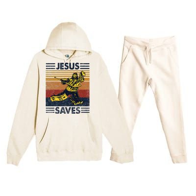 Jesus Saves Ice Hockey Goalie Sport Religious Christian Gift Premium Hooded Sweatsuit Set