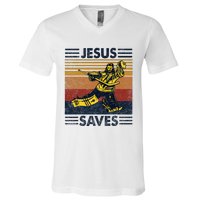 Jesus Saves Ice Hockey Goalie Sport Religious Christian Gift V-Neck T-Shirt