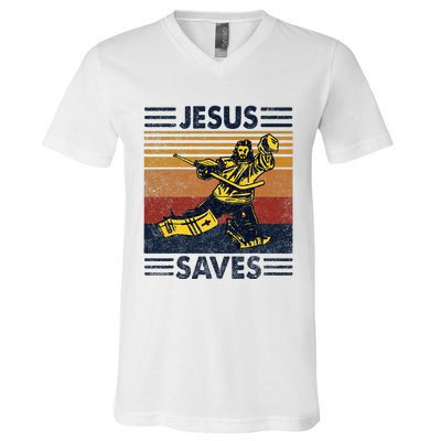 Jesus Saves Ice Hockey Goalie Sport Religious Christian Gift V-Neck T-Shirt