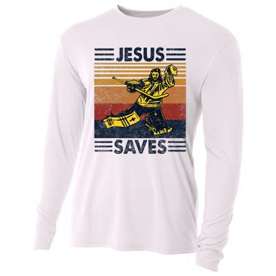 Jesus Saves Ice Hockey Goalie Sport Religious Christian Gift Cooling Performance Long Sleeve Crew