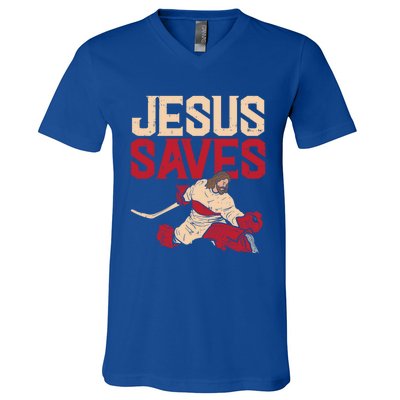 Jesus Saves Ice Hockey Goalie Sport Religious Christian Gift Great Gift V-Neck T-Shirt