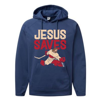 Jesus Saves Ice Hockey Goalie Sport Religious Christian Gift Great Gift Performance Fleece Hoodie