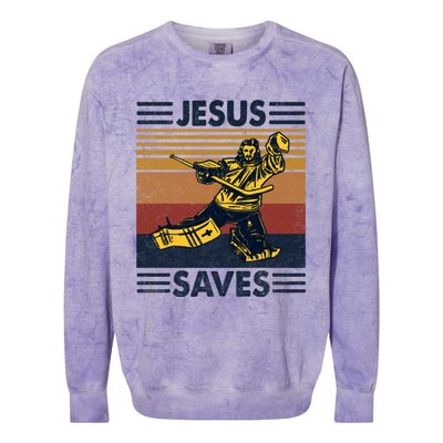 Jesus Saves Ice Hockey Goalie Sport Religious Christian Gift Meaningful Gift Colorblast Crewneck Sweatshirt