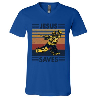 Jesus Saves Ice Hockey Goalie Sport Religious Christian Gift Meaningful Gift V-Neck T-Shirt