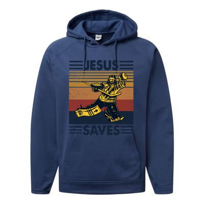 Jesus Saves Ice Hockey Goalie Sport Religious Christian Gift Meaningful Gift Performance Fleece Hoodie