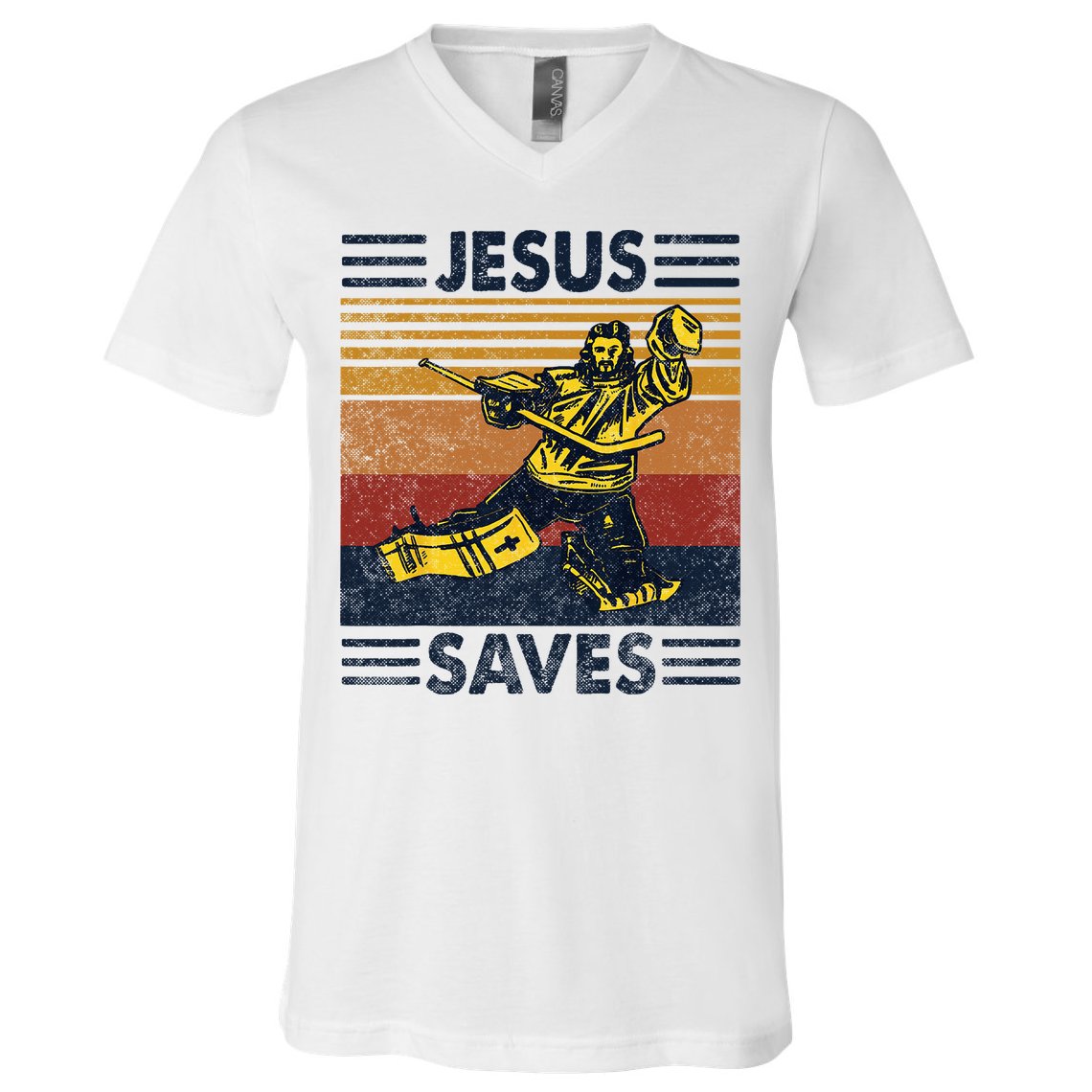 Jesus Saves Ice Hockey Goalie Sport Religious Christian Gift V-Neck T-Shirt