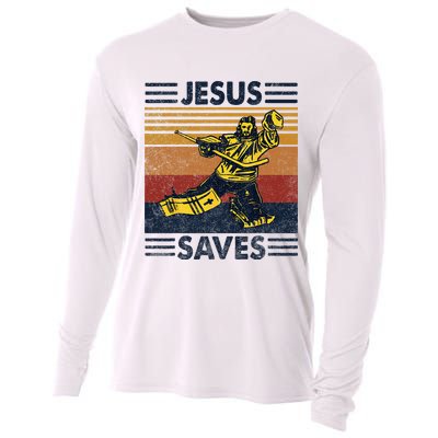 Jesus Saves Ice Hockey Goalie Sport Religious Christian Gift Cooling Performance Long Sleeve Crew
