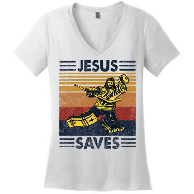Jesus Saves Ice Hockey Goalie Sport Religious Christian Gift Women's V-Neck T-Shirt