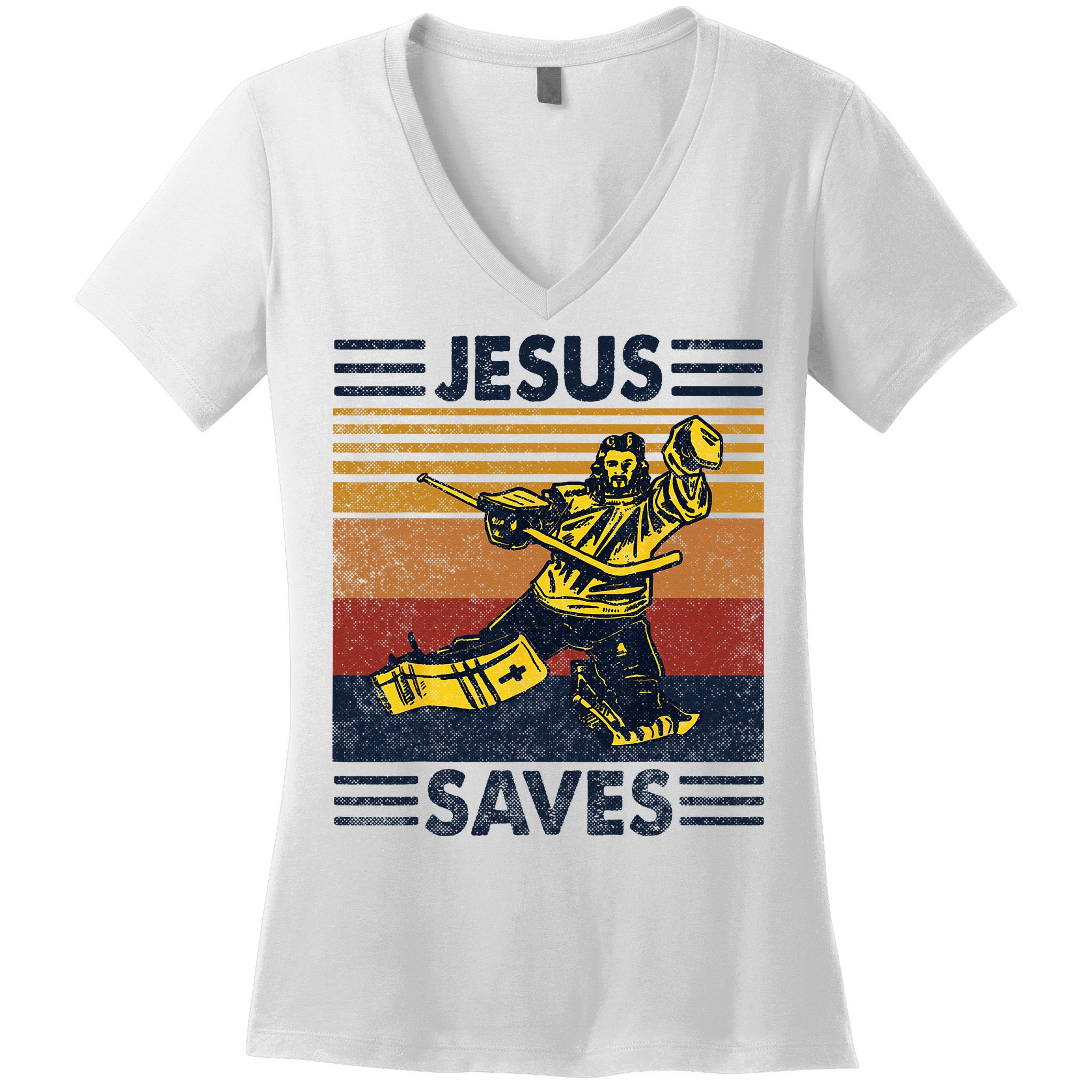 Jesus Saves Ice Hockey Goalie Sport Religious Christian Gift Women's V-Neck T-Shirt
