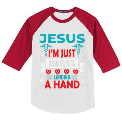 Jesus Saves IM Just A Nurse Lending My Hand Christian Nurse Kids Colorblock Raglan Jersey