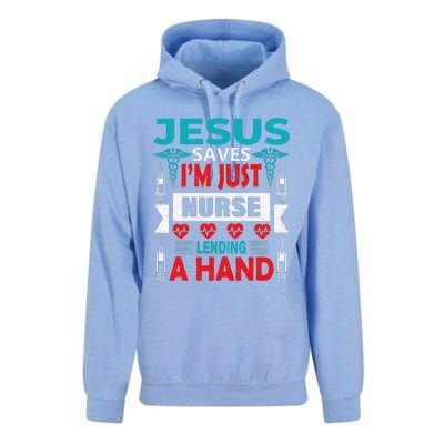 Jesus Saves IM Just A Nurse Lending My Hand Christian Nurse Unisex Surf Hoodie