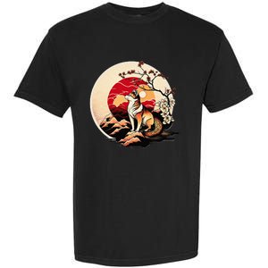 Japanese Shiba Inu Dog Sunset - Ukiyo-e Style Garment-Dyed Heavyweight T-Shirt