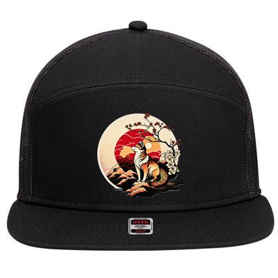 Japanese Shiba Inu Dog Sunset - Ukiyo-e Style 7 Panel Mesh Trucker Snapback Hat
