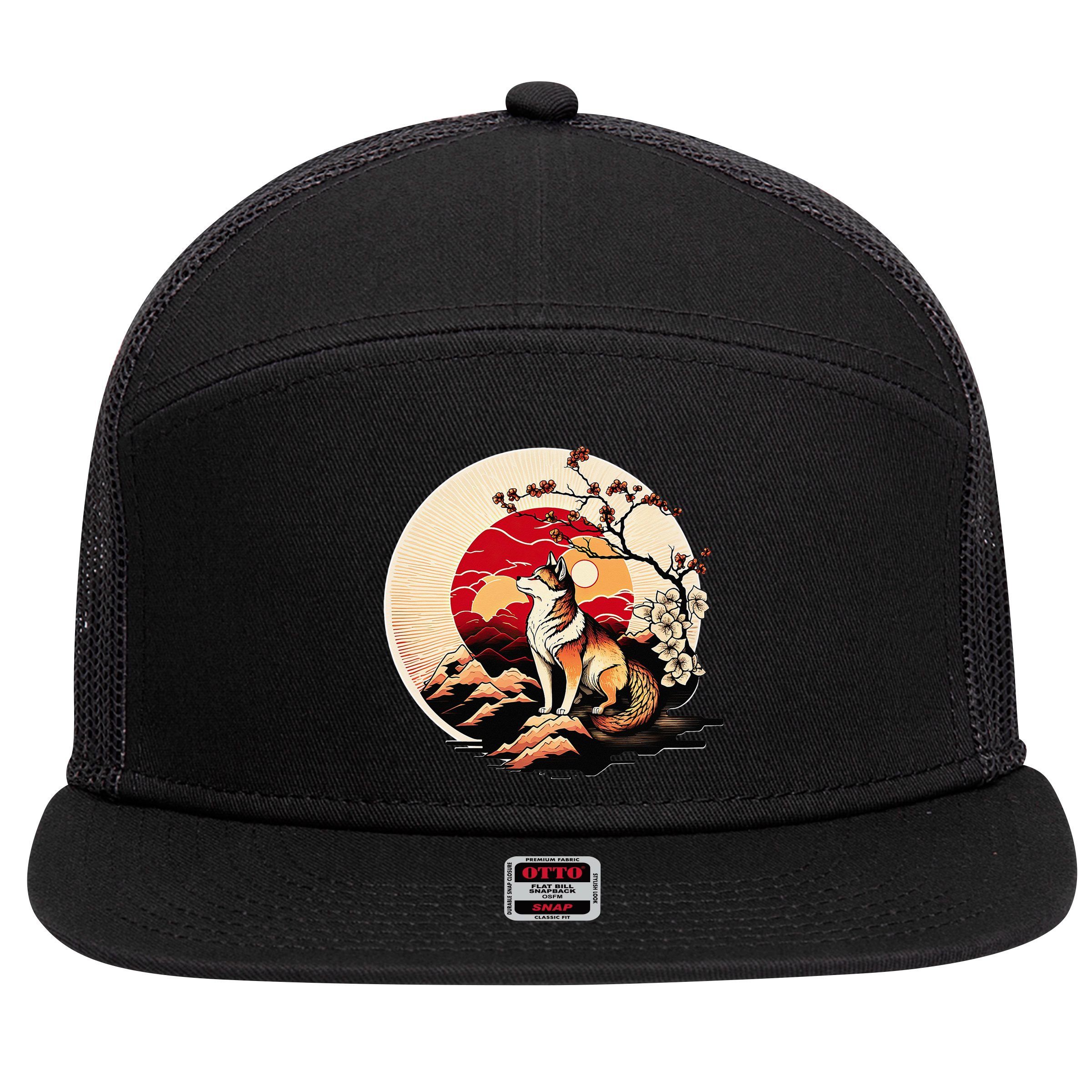 Japanese Shiba Inu Dog Sunset - Ukiyo-e Style 7 Panel Mesh Trucker Snapback Hat