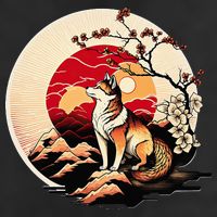 Japanese Shiba Inu Dog Sunset - Ukiyo-e Style 7 Panel Mesh Trucker Snapback Hat