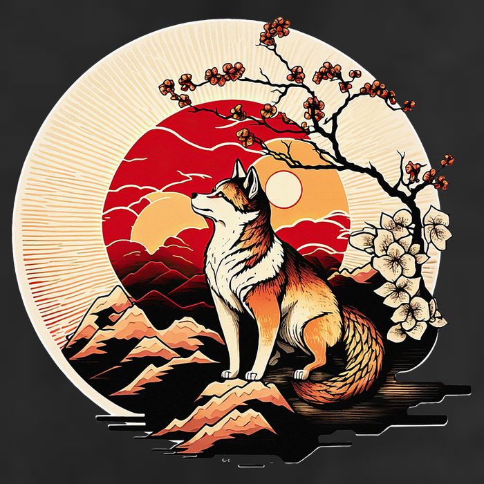 Japanese Shiba Inu Dog Sunset - Ukiyo-e Style 7 Panel Mesh Trucker Snapback Hat