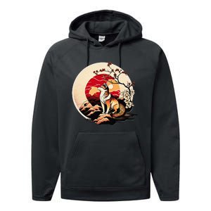 Japanese Shiba Inu Dog Sunset - Ukiyo-e Style Performance Fleece Hoodie