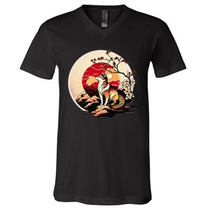 Japanese Shiba Inu Dog Sunset - Ukiyo-e Style V-Neck T-Shirt