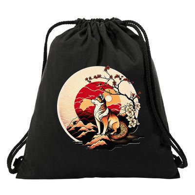 Japanese Shiba Inu Dog Sunset - Ukiyo-e Style Drawstring Bag