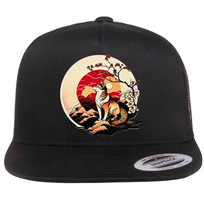 Japanese Shiba Inu Dog Sunset - Ukiyo-e Style Flatbill Hat