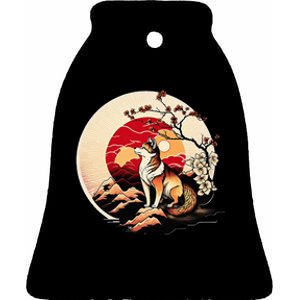 Japanese Shiba Inu Dog Sunset - Ukiyo-e Style Ceramic Bell Ornament