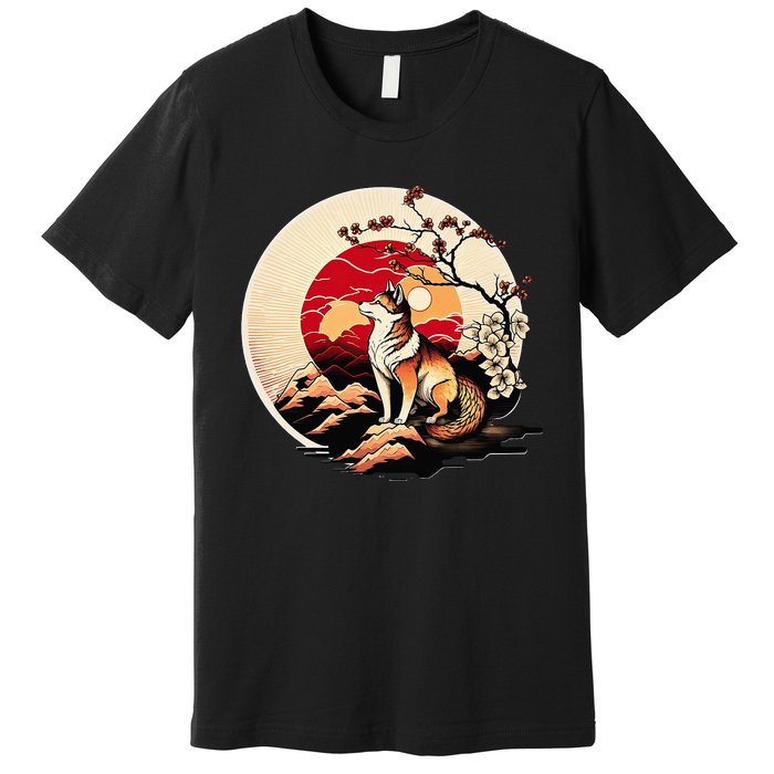 Japanese Shiba Inu Dog Sunset - Ukiyo-e Style Premium T-Shirt