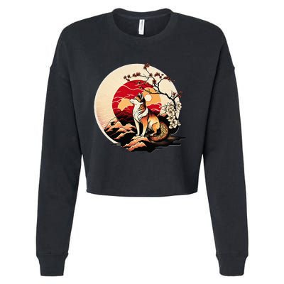 Japanese Shiba Inu Dog Sunset - Ukiyo-e Style Cropped Pullover Crew