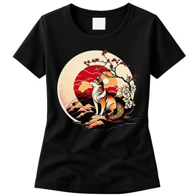 Japanese Shiba Inu Dog Sunset - Ukiyo-e Style Womens T-Shirt