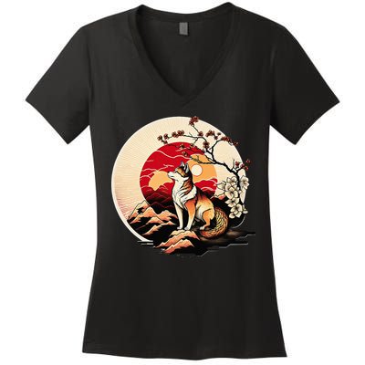 Japanese Shiba Inu Dog Sunset - Ukiyo-e Style Women's V-Neck T-Shirt