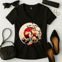 Japanese Shiba Inu Dog Sunset - Ukiyo-e Style Women's V-Neck T-Shirt